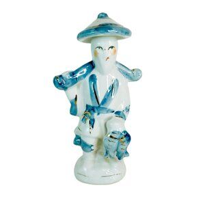 Vintage Oriental Blue and White Glossy Porcelain Fisherman Statue Figurine